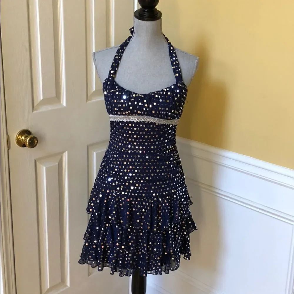 Juniors Navy Blue Silver Polka Dot Evening Dress